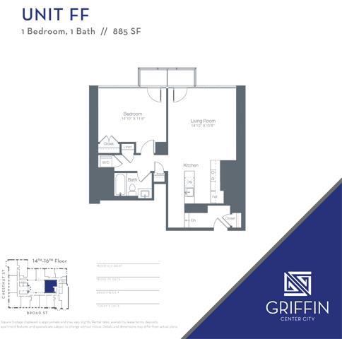 Floor plan for 1 bed, 1 bath, 885 sqft